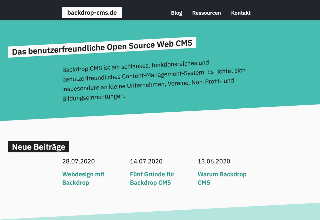 Website zu Backdrop CMS, Startseite (Ausschnitt)